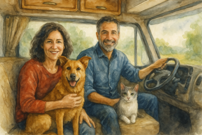 Couple traveling by RV with their dog and cat on a scenic road trip through Northwest Arkansas