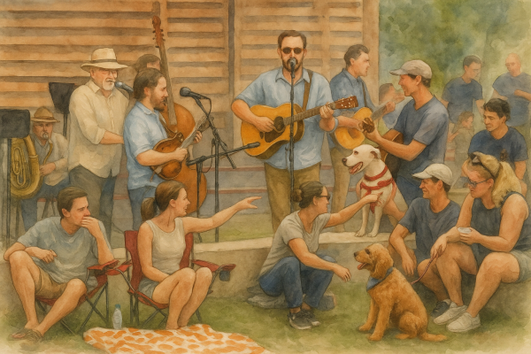 The Sons of Otis Malone band performing at an outdoor summer concert in Northwest Arkansas, with people and pets enjoying the live music.