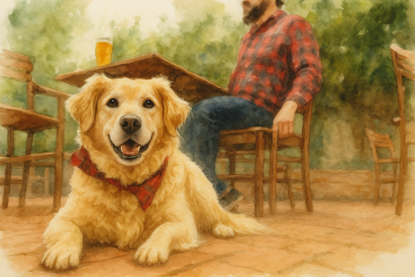 Man sitting at a pet-friendly brewery patio in Northwest Arkansas with a beer, while a yellow labrador relaxes at his feet.