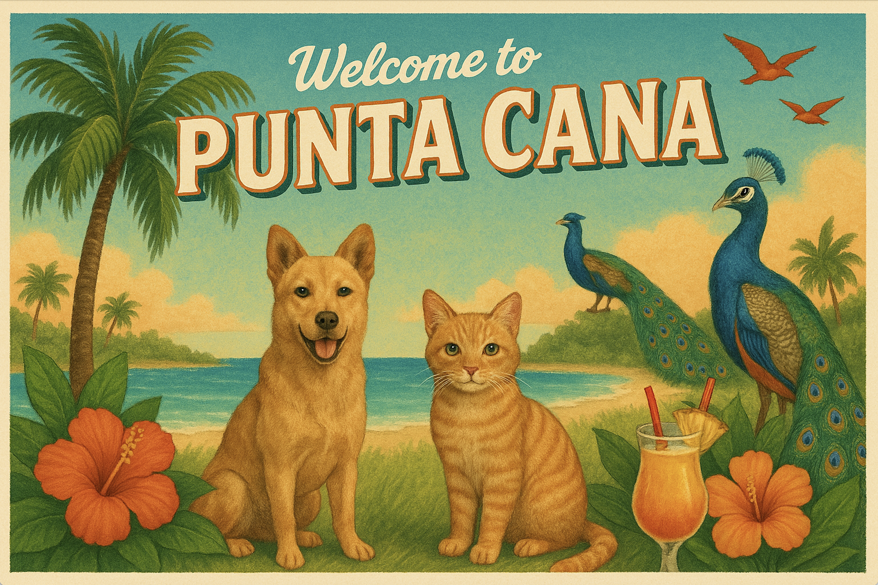 punta cana postcard dog cat pet friendly peacocks beach palm tree vintage