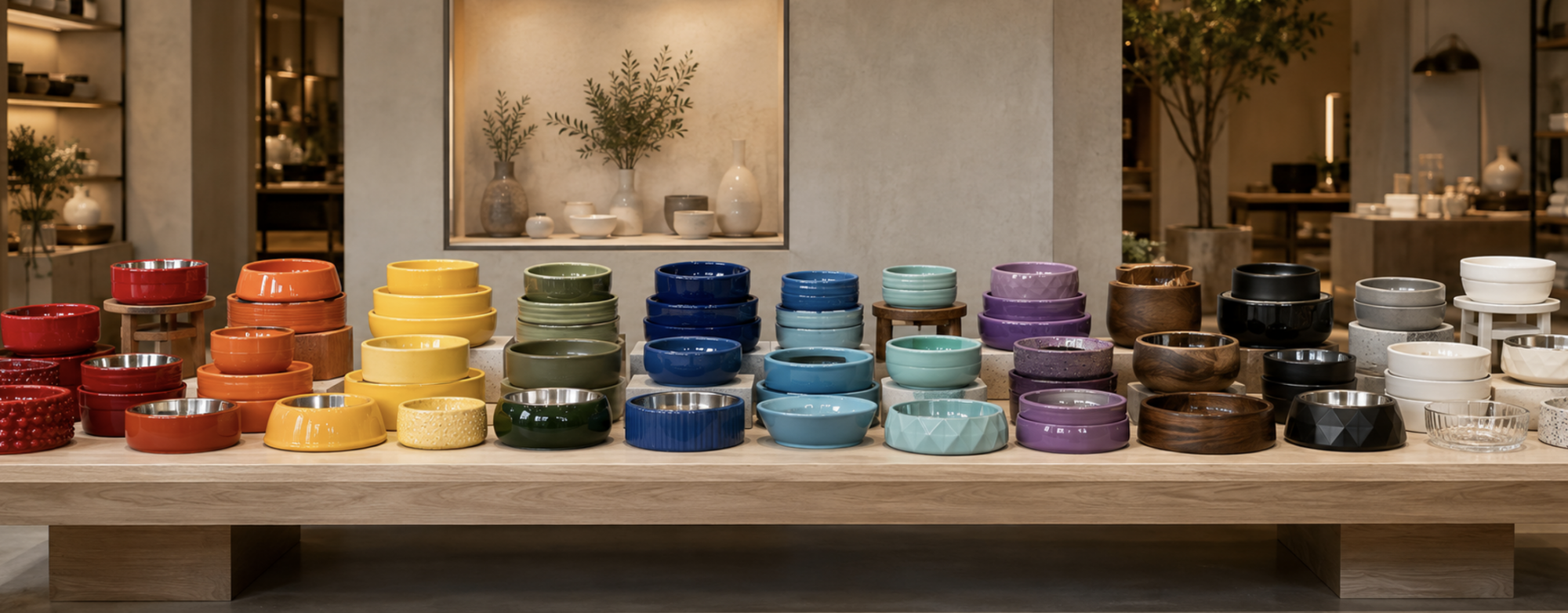assorted colors of dog bowls in a store display