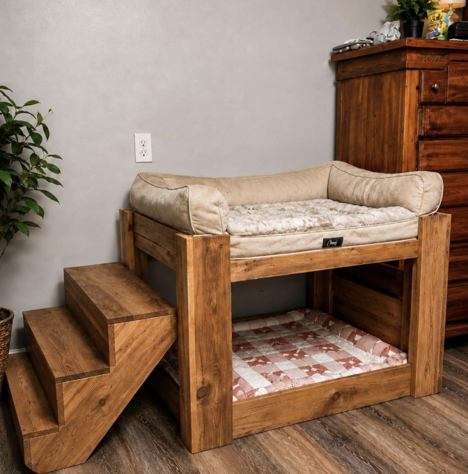 Handmade wood cedar dog bunkbeds steps