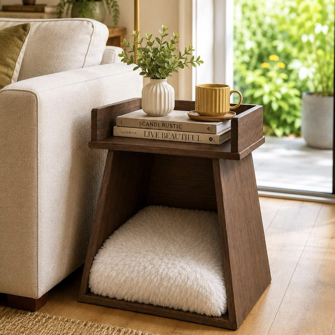 Pet bed side table wood designer mid century