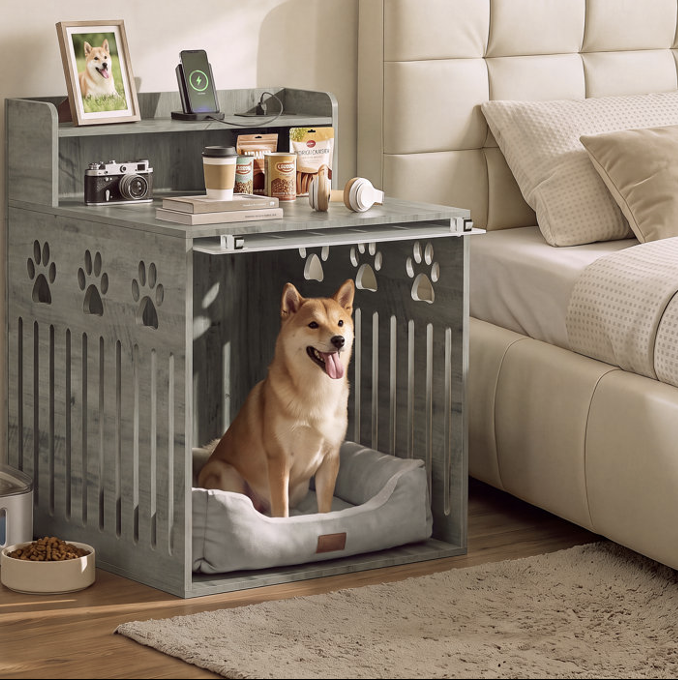 Pet sidetable for bedroom with crate grey