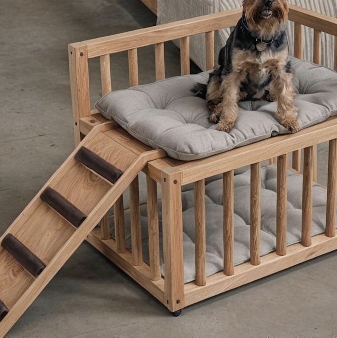 Wooden handmade elevated bedside pet bed with ramp